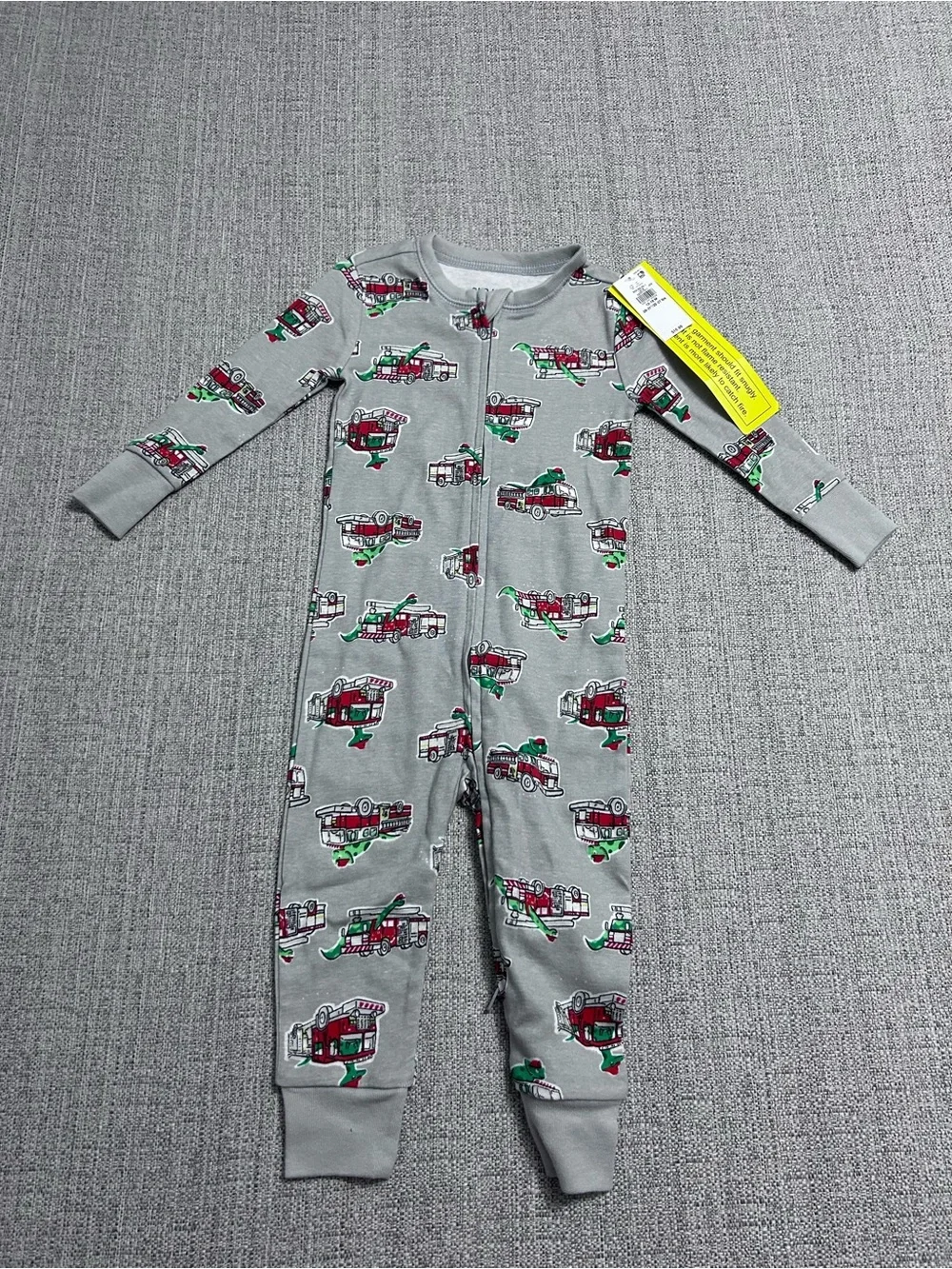 Old Navy Grey Fire Truck Print One-Piece Footie Pajamas. Size 12-18M NWT